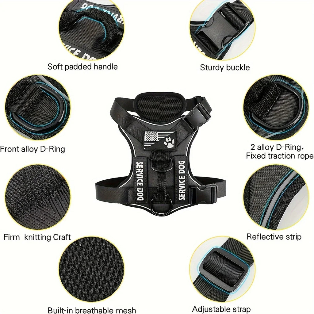 Anti-Pull Tactical Dog Harness with Night Reflective Strips, Heavy-Duty Nylon Military-Grade Vest-Style Leash for Large Dog